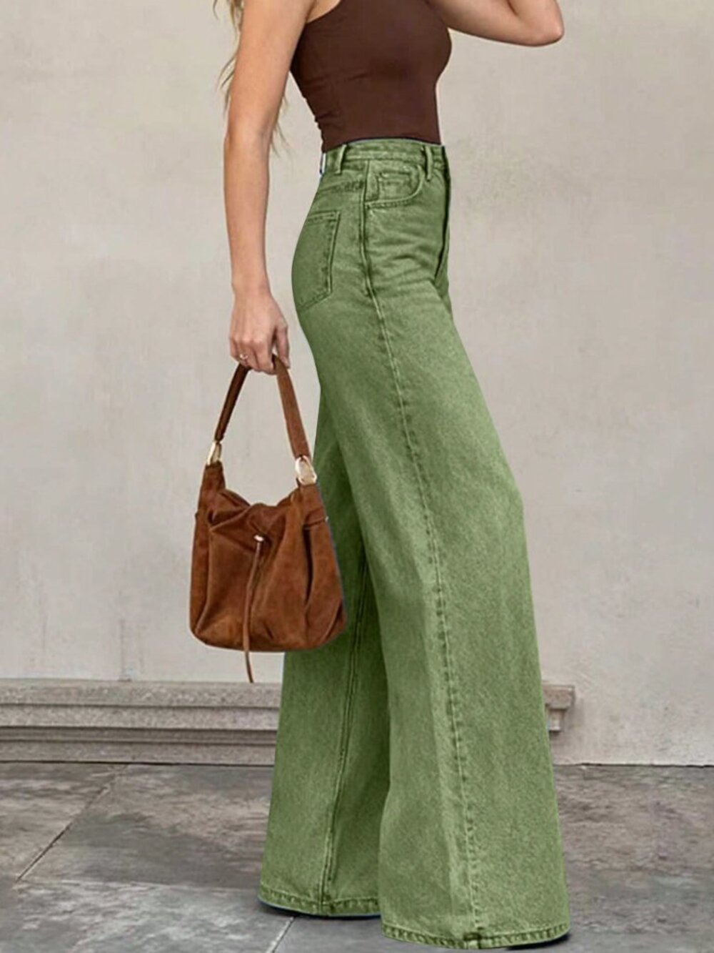 Green Bohemian Women's Army Denim Wide Leg High Waist Medium Stretch Pants - Picture 3 of 7
